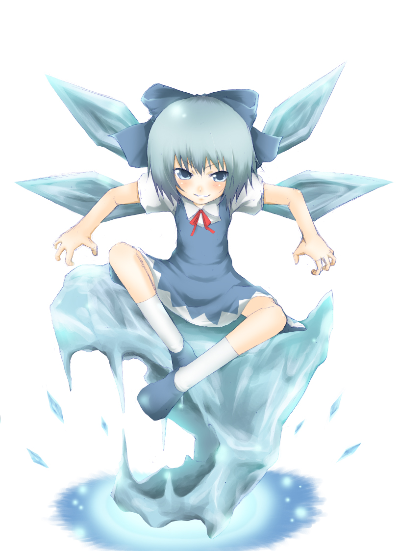 sutagu, cirno, embodiment of scarlet devil, touhou, 1girl, blue eyes, blue hair, blush, crystal, female focus, full body, ice, ice wings, kneehighs, looking at viewer, matching hair/eyes, puffy short sleeves, puffy sleeves, short hair, short sleeves, sitting, socks, solo, spread legs, white background, white socks, wings