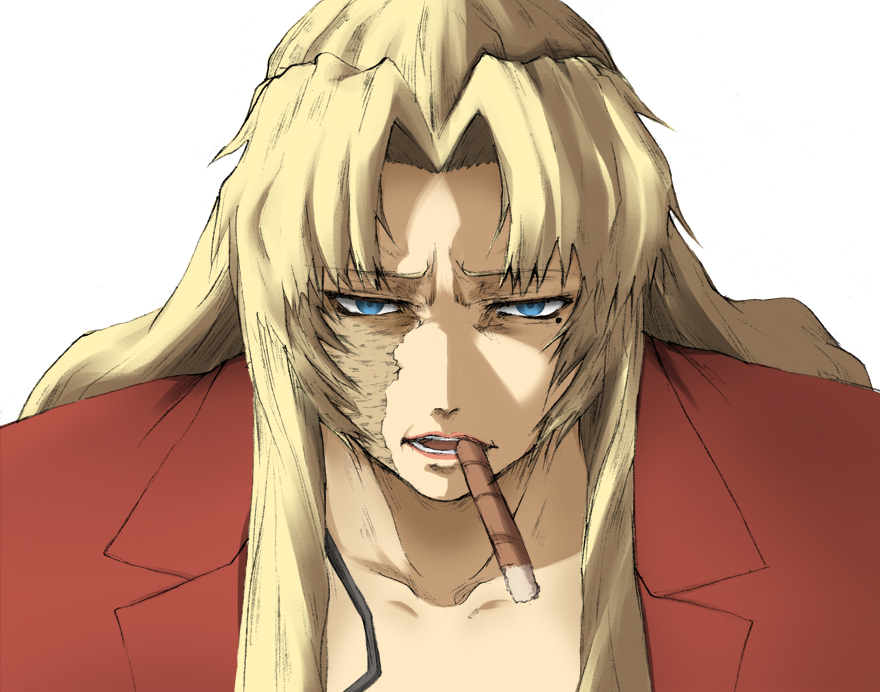 sutagu, balalaika (black lagoon), black lagoon, 00s, 1girl, blonde hair, blue eyes, burn scar, cigar, female focus, mole, mole under eye, portrait, scar, scar across eye, scar on face, smoking, solo, upper body