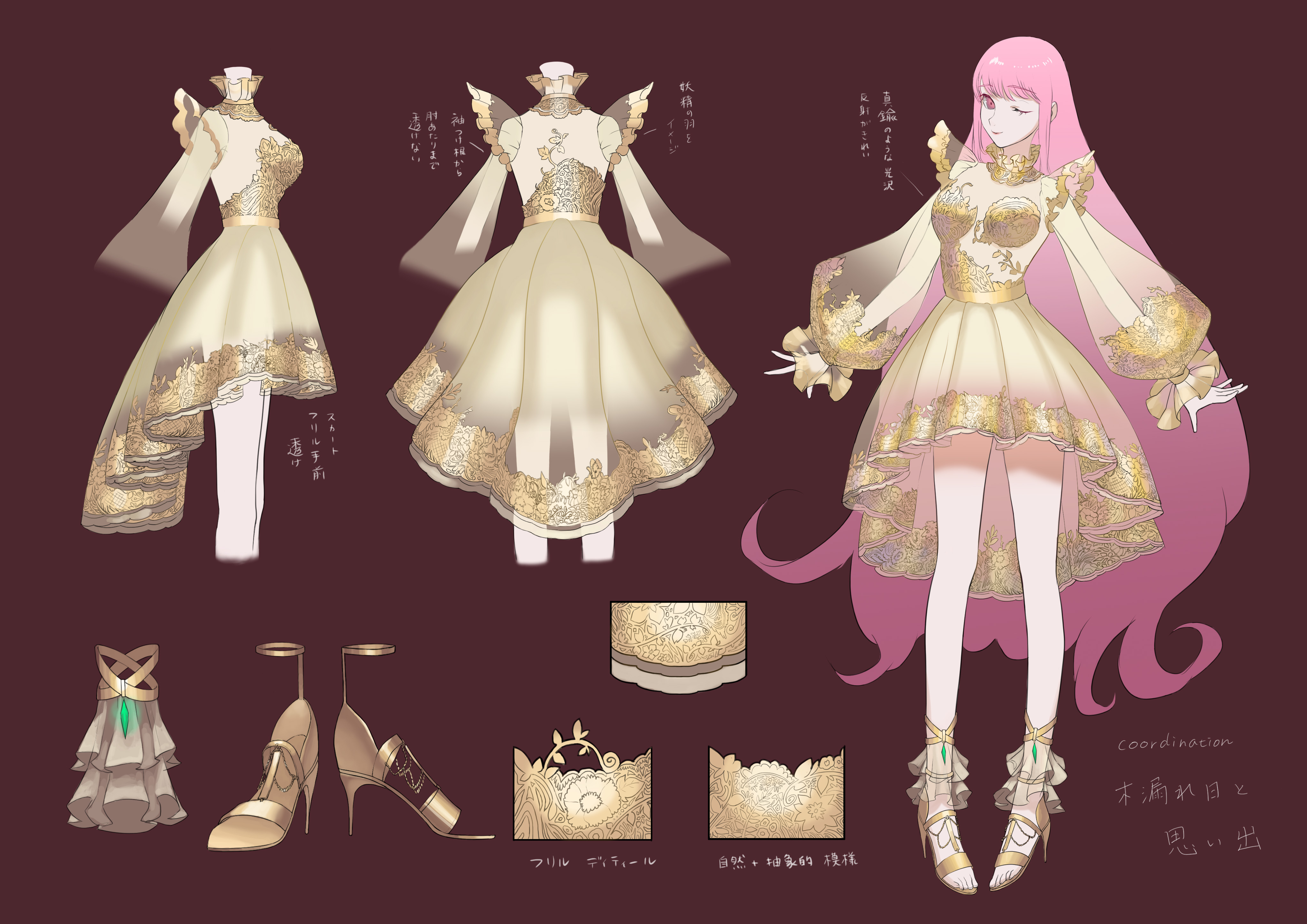 nikki (nikki), nikki (series), original, shining nikki, absurdres, commentary request, highres, translation request, 1girl, absurdly long hair, blunt bangs, breasts, closed mouth, collared dress, dress, eyelashes, frilled anklet, frilled dress, frilled sleeves, frills, full body, happy, high collar, high heel sandals, high heels, islaytwiillust, knees, lips, long hair, long sleeves, one eye closed, pink eyes, pink hair, pink lips, puffy long sleeves, puffy sleeves, red background, reference sheet, sandals, see-through clothes, see-through sleeves, short dress, simple background, sleeves past wrists, small breasts, smile, solo, standing, stiletto heels, tight clothes, toes, very long hair, wavy hair, yellow dress, yellow sandals