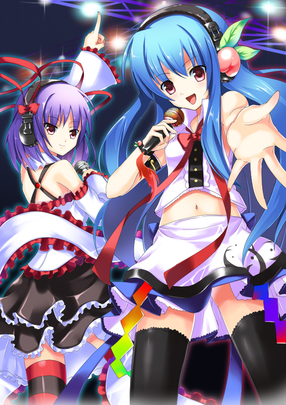koi (koisan), hinanawi tenshi, nagae iku, touhou, bad id, bad pixiv id, 2girls, blue hair, female focus, food, frills, fruit, headphones, idol, microphone, multiple girls, music, navel, peach, purple hair, red eyes, shawl, singing, thighhighs