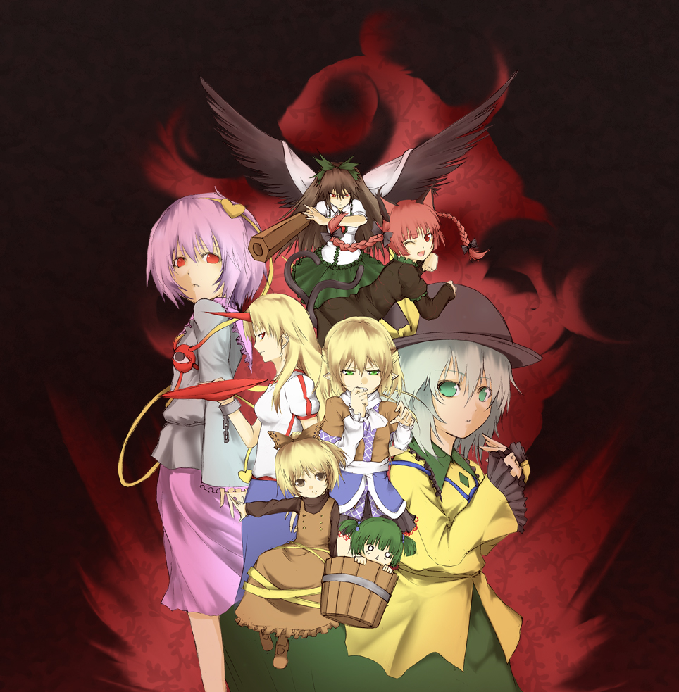 sutagu, hoshiguma yuugi, kaenbyou rin, kisume, komeiji koishi, komeiji satori, kurodani yamame, mizuhashi parsee, reiuji utsuho, subterranean animism, touhou, 6+girls, cup, everyone, female focus, horns, multiple girls, sakazuki, single horn