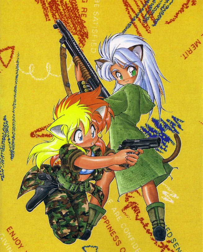uniform, 2girls, animal ears, belt, camouflage, cat ears, cat tail, cocked hammer, gun, handgun, holster, looking at viewer, looking to the side, m1911, military, military fatigues, military uniform, multiple girls, pistol, pump-action shotgun, pump action, semi-automatic pistol, shotgun, tail, thigh holster, weapon, winchester model 1897