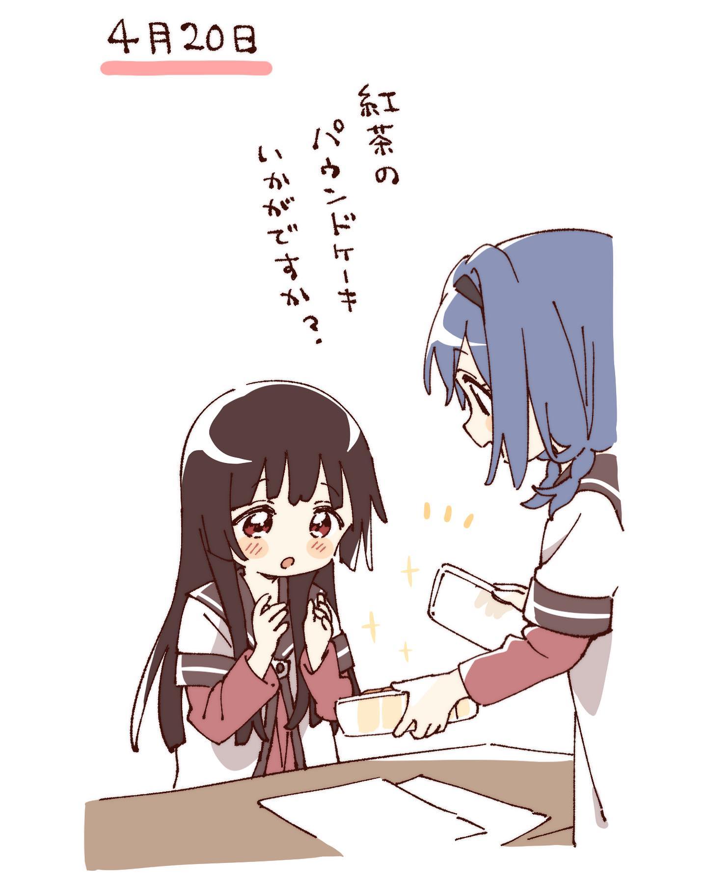 namori, furutani himawari, matsumoto rise, yuruyuri, hashtag-only commentary, highres, translation request, 2girls, :d, :o, black hair, black hairband, blue hair, blush stickers, braid, brown sailor collar, cropped torso, dress, hairband, hands up, holding, layered sleeves, long hair, long sleeves, lunchbox, multiple girls, nanamori school uniform, notice lines, open mouth, pleated dress, red dress, red eyes, sailor collar, school uniform, shirt, short hair, short over long sleeves, short sleeves, simple background, smile, sparkle, twin braids, white background, white shirt, winter uniform