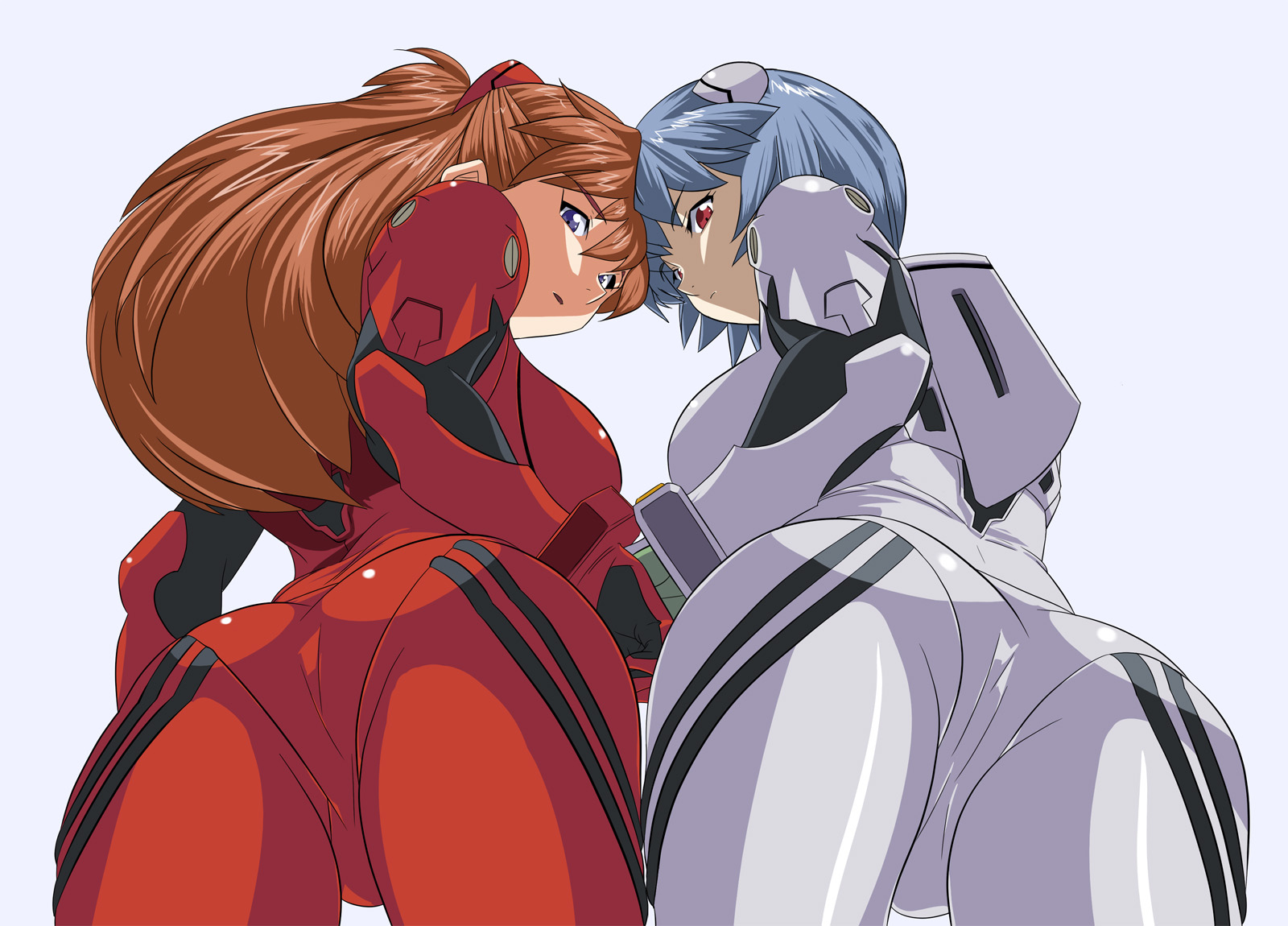 yoshinen, ayanami rei, souryuu asuka langley, neon genesis evangelion, alternate breast size, highres, 2girls, ass, blue eyes, blue hair, blush, bodysuit, bracer, breasts, brown hair, cowboy shot, expressionless, female focus, forehead-to-forehead, foreshortening, from below, gloves, hair between eyes, hair ornament, head tilt, heads together, long hair, looking back, looking down, mecha pilot suit, medium breasts, multiple girls, orange hair, pale skin, parted lips, plugsuit (evangelion), red eyes, red hair, short hair, simple background, skin tight, twintails, white background