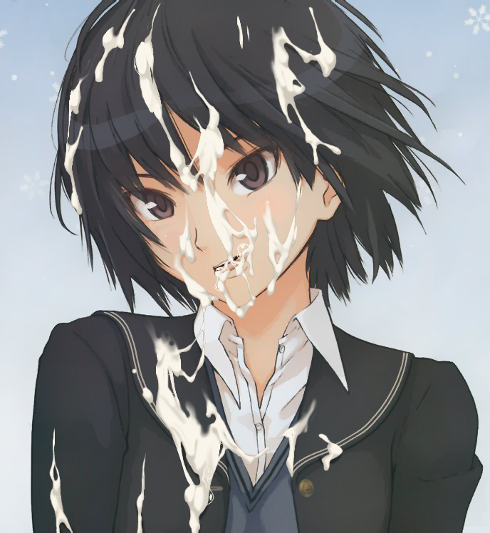 nanasaki ai, amagami, third-party edit, 1girl, black hair, brown eyes, bukkake, cum, cum on body, cum on clothes, cum on hair, facial, jacket, school uniform, short hair, smile, snow, sweater vest, vest
