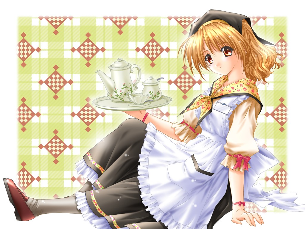 kimizuka aoi, 1girl, blonde hair, bow, cup, female focus, frills, grey pantyhose, light particles, pantyhose, shawl, solo, tea set, teacup, tray, waitress
