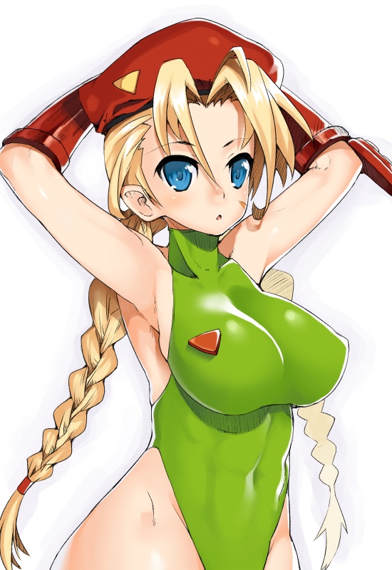 nagase haruhito, cammy white, capcom, street fighter, bad id, bad pixiv id, 1girl, :o, abs, armpits, arms up, bare legs, bare shoulders, beret, braid, breasts, curvy, female focus, fingernails, green leotard, hat, hip focus, large breasts, leotard, long hair, shiny skin, solo, thong leotard, twin braids, very long hair, wide hips