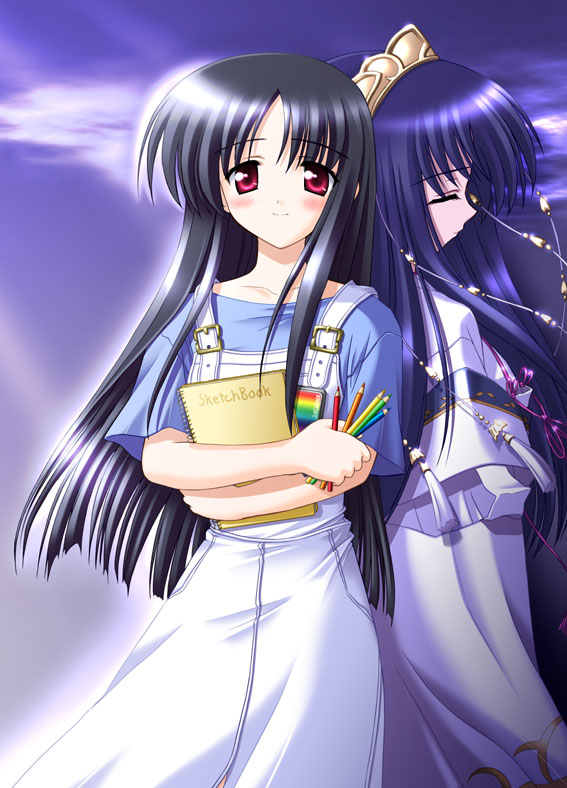 kishi nisen, makino nanami, suigetsu, back-to-back, black hair, blush, buckle, closed eyes, color pencil, colored pencil, dress, dual persona, hair ornament, japanese clothes, long hair, miko, notebook, overalls, pencil, red eyes, sketchbook, smile, wooden pencil