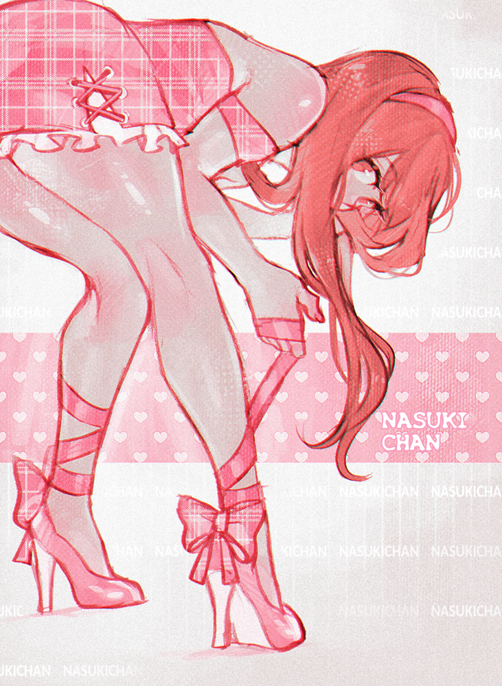 nasukichan, original, 1girl, ankle bow, ankle ribbon, artist name, ass, bare shoulders, bow, dress, frilled dress, frills, from behind, hairband, heart, high heels, holding, leaning forward, leg ribbon, legs apart, long hair, looking back, no pupils, pink bow, pink dress, pink hairband, pink ribbon, pink shoes, plaid clothes, plaid dress, red eyes, red hair, ribbon, shoes, short dress, solo, standing, straight hair, strap slip