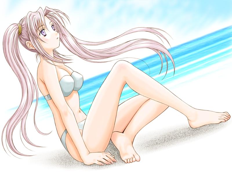 barefoot, beach, bikini, day, ocean, solo, swimsuit, toes, twintails