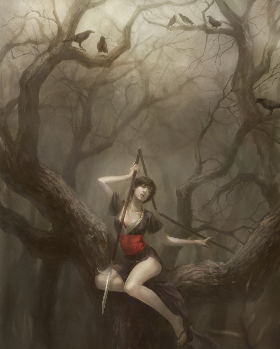 hao & su, otono-tachibana makie, blade of the immortal, highres, 1girl, bare tree, bird, breasts, cleavage, female focus, fog, in tree, japanese clothes, kimono, obi, realistic, sash, sepia, short hair, sitting, sitting in tree, solo, tree, weapon