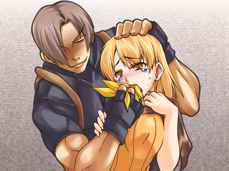 ashley graham, leon s. kennedy, resident evil, resident evil 4, 1boy, 1girl, blonde hair, blush, bob cut, breasts, feeding, fingerless gloves, food, force-feeding, forced, gameplay mechanics, gloves, herb, orange shirt, shirt, sleeveless, sleeveless turtleneck, sweater, tears, turtleneck, yellow eyes