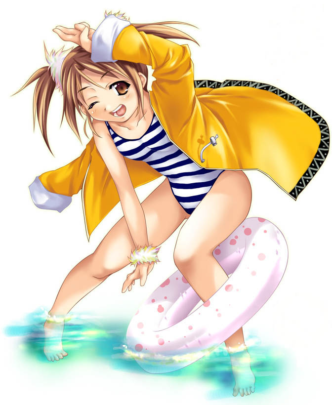 1girl, female focus, innertube, one-piece swimsuit, one eye closed, soaking feet, solo, striped clothes, striped one-piece swimsuit, swim ring, swimsuit, wading, water, wink
