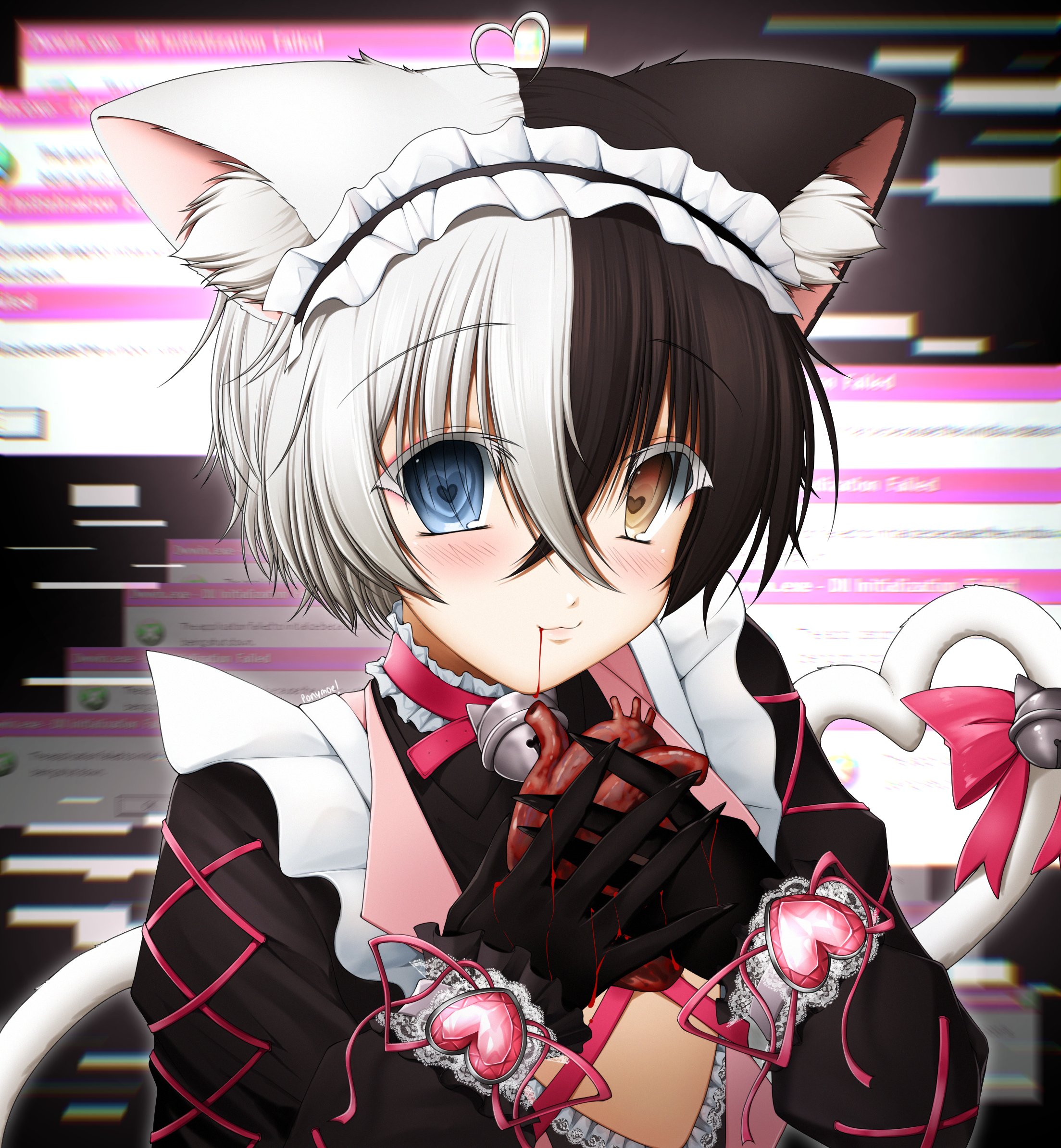 ponymoe, original, highres, ahoge, animal ears, bell, black hair, blood, blood on face, blood on hands, blue eyes, blush, cat ears, colored eyelashes, heart, heart-shaped pupils, heart (organ), jingle bell, multicolored hair, split-color hair, symbol-shaped pupils, white eyelashes, white hair