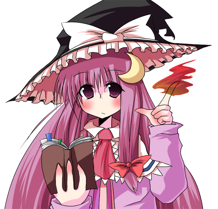 kuraryu, kirisame marisa, patchouli knowledge, touhou, bad id, bad pixiv id, 1girl, :/, alternate headwear, blush, book, crescent, crescent hair ornament, female focus, fire, hair ornament, hat, long hair, moon, open book, purple eyes, purple hair, reading, ribbon, solo