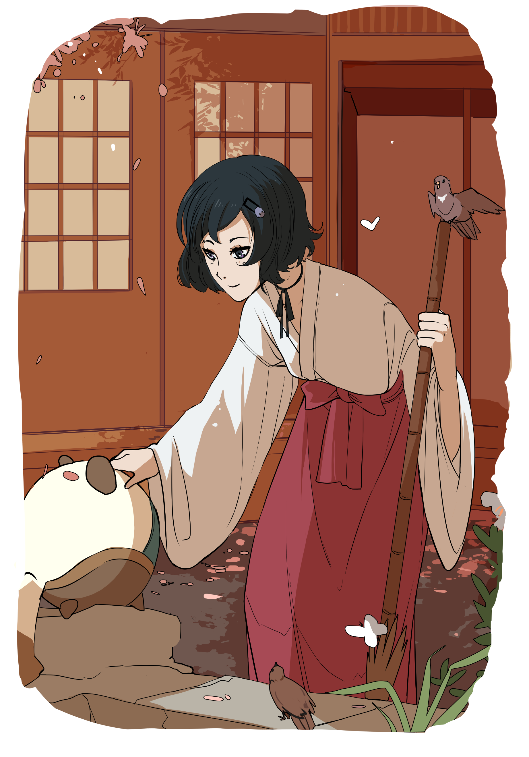 arcsinus, upa (steins;gate), urushibara luka, science adventure, steins;gate, absurdres, highres, 1boy, black hair, blush, closed mouth, full body, hakama, hakama skirt, holding, japanese clothes, kimono, leaning forward, long sleeves, miko, outdoors, patting, red hakama, short hair, skirt, smile, solo, stuffed toy, tabi, wide sleeves