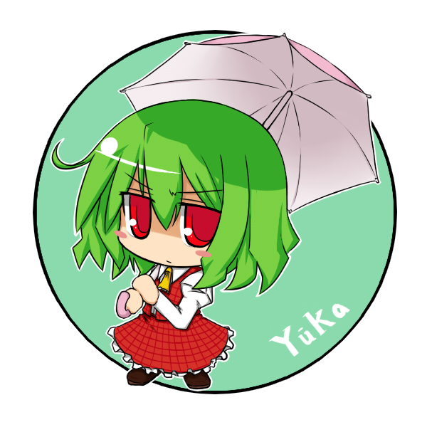 nanatsume, kazami yuuka, touhou, bad id, bad pixiv id, 1girl, ascot, blush, blush stickers, chibi, female focus, green hair, plaid clothes, plaid skirt, plaid vest, red eyes, ribbon, short hair, skirt, skirt set, solo, umbrella, vest
