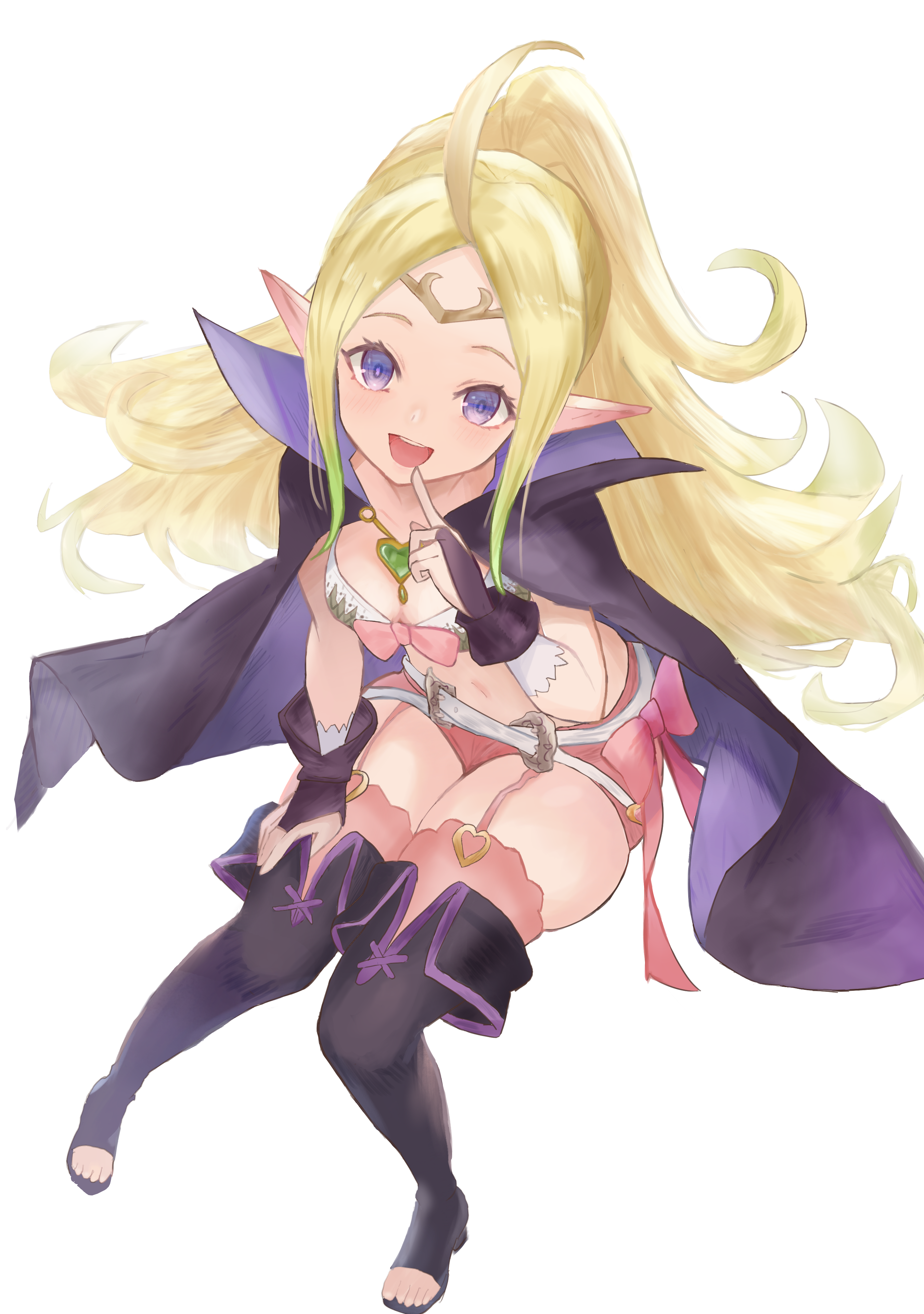 nowi (fire emblem), fire emblem, fire emblem awakening, nintendo, absurdres, commentary, highres, 1girl, :d, ahoge, belt, black boots, black cape, boots, bow, breasts, bridal gauntlets, cape, circlet, cleavage, from above, full body, garter straps, green hair, hand on own thigh, heart pendant, hiiragi yoko, index finger raised, long hair, looking at viewer, looking up, navel, open-toe boots, open mouth, parted bangs, pink bow, pink shorts, pink thighhighs, pointy ears, ponytail, purple eyes, short shorts, shorts, sitting, skindentation, small breasts, smile, solo, stomach, teeth, thick thighs, thigh boots, thighhighs, thighs, upper teeth only, white belt