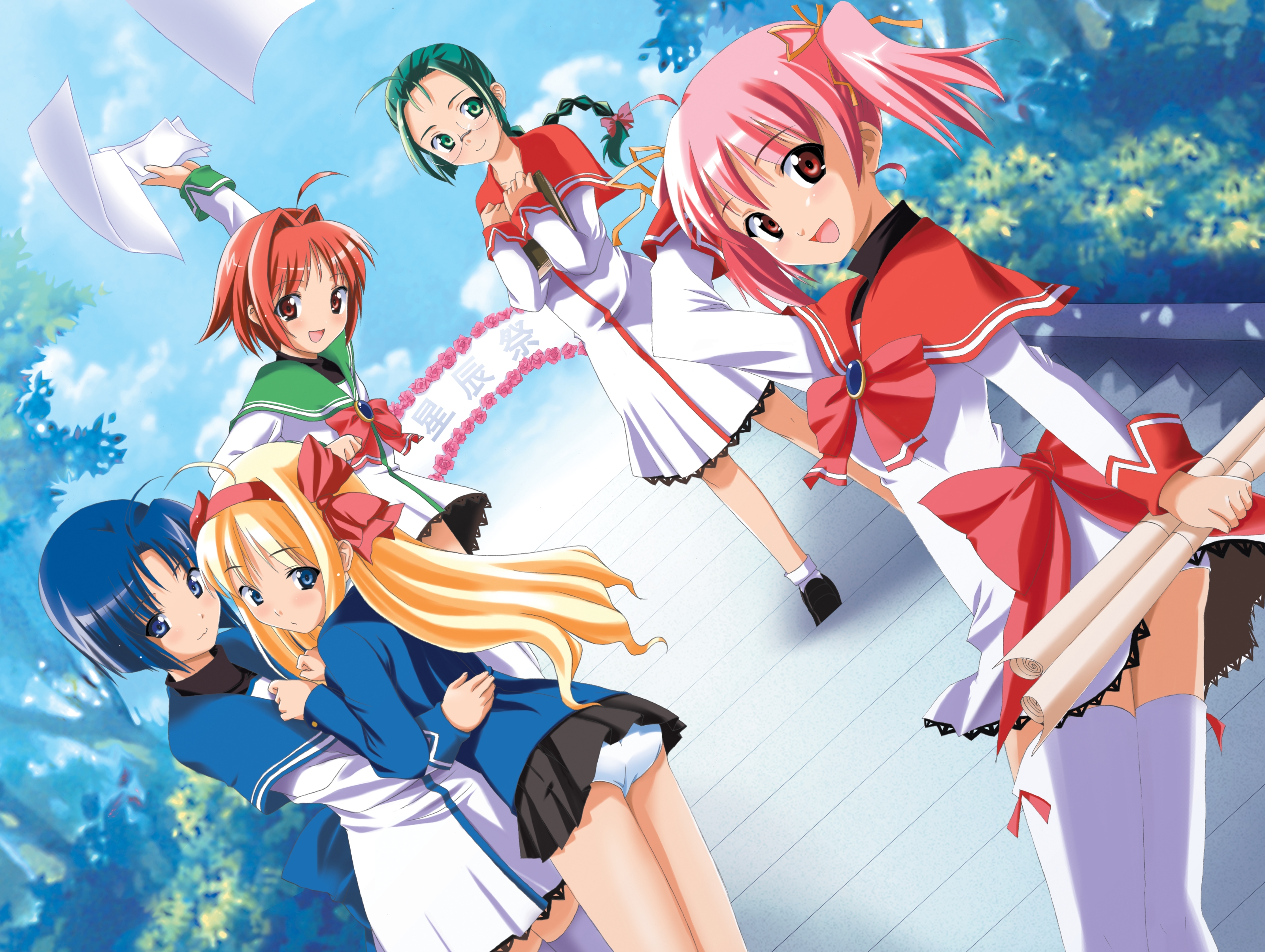 souryuu (double dragon), fujimura ringo, ishigami miyoshi, komiya momiji, oumori erisu, tooyama kokoro, anonono, blue legwear, hand on head, absurdres, highres, official art, scan, 5girls, :d, ahoge, arm up, ass, banner, blazer, blonde hair, blue eyes, blue hair, blush, book, bow, bow legwear, braid, capelet, cloud, day, dress, dutch angle, embarrassed, everyone, flat chest, flower, gem, glasses, green eyes, green hair, hair bow, hair ribbon, hairband, holding, hug, jacket, lace, lace-trimmed skirt, lace trim, loafers, long hair, looking at viewer, looking back, multiple girls, nature, open mouth, outdoors, panties, pantyshot, paper, parted bangs, pink hair, pleated skirt, red eyes, red hair, ribbon, rose, school uniform, serafuku, shoes, short dress, short hair, short twintails, sidelocks, single braid, skirt, sky, smile, socks, stairs, standing, thighhighs, tree, turtleneck, twintails, underwear, upskirt, white panties, zettai ryouiki
