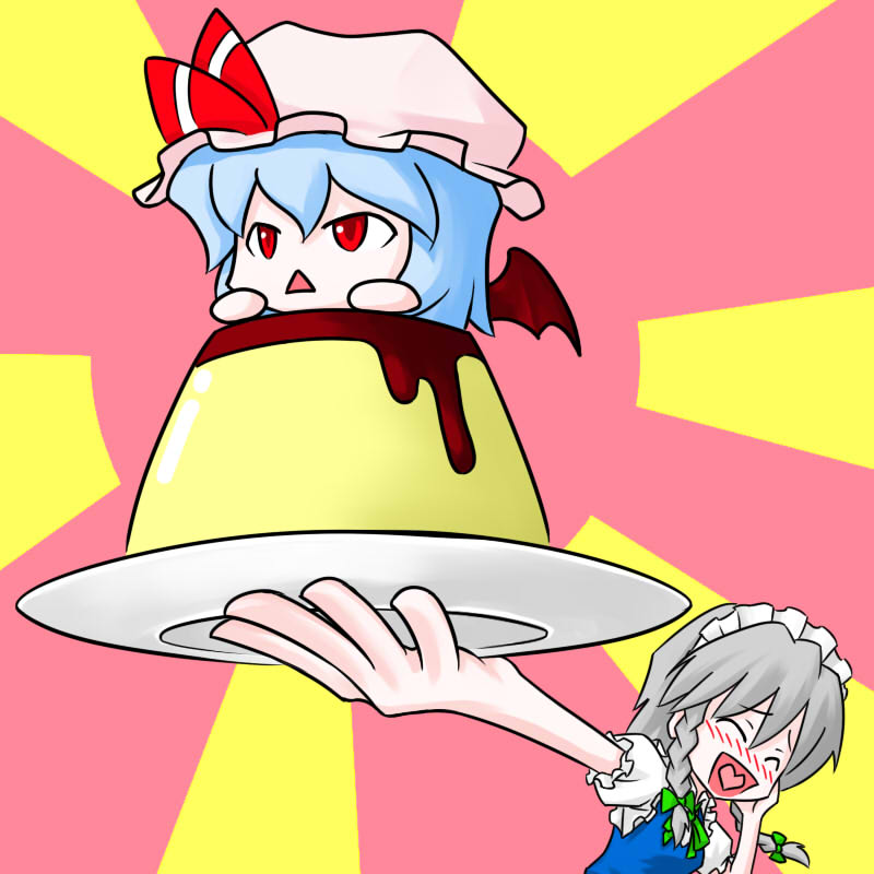 kentairui, izayoi sakuya, remilia scarlet, touhou, silver hair, bad id, bad pixiv id, 2girls, :<, :d, ^ ^, blue hair, blush, cake, chibi, closed eyes, female focus, food, hairband, hat, heart, heart in mouth, in food, maid, mini person, minigirl, multiple girls, open mouth, pudding, ribbon, short hair, smile