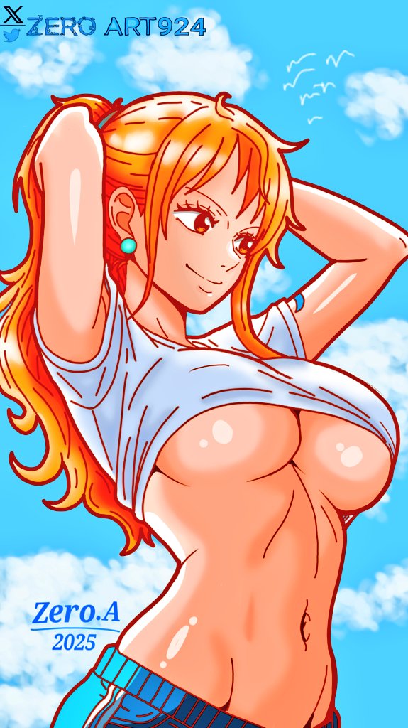 nami (one piece), one piece, 1girl, breasts, large breasts, long hair, orange hair