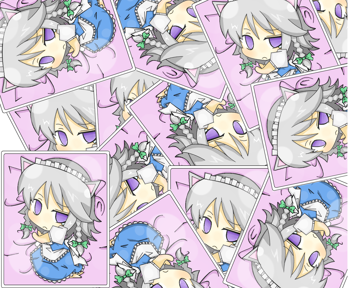 hiro (hiro0529), inu sakuya (nejikirio), izayoi sakuya, touhou, silver hair, 1girl, animal ears, chibi, dog ears, female focus, hairband, kemonomimi mode, maid, multiple views, photo (object), ribbon, short hair, tears