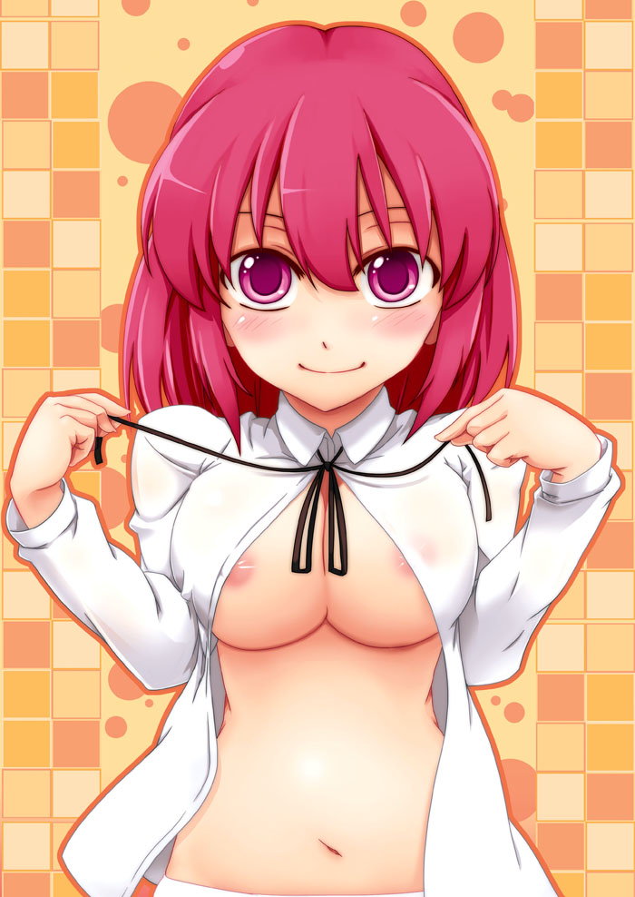 kagato (artist), kushieda minori, toradora!, bad id, bad pixiv id, 00s, 1girl, blush, breasts, large breasts, navel, nipples, no bra, open clothes, open shirt, pink eyes, pink hair, shirt, smile, undressing
