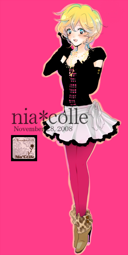 deirn, kiui, nia teppelin, tengen toppa gurren lagann, bad id, bad pixiv id, 00s, blouse, boots, fashion, gloves, jewelry, multicolored hair, necklace, nia colle, pantyhose, pink pantyhose, shirt, short hair, skirt, smile, solo