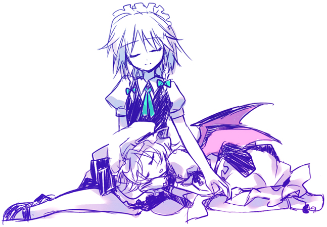 motomiya mitsuki, izayoi sakuya, remilia scarlet, touhou, silver hair, 2girls, bat wings, couple, female focus, hairband, hat, lap pillow, maid, multiple girls, ribbon, sleeping, wings, yuri
