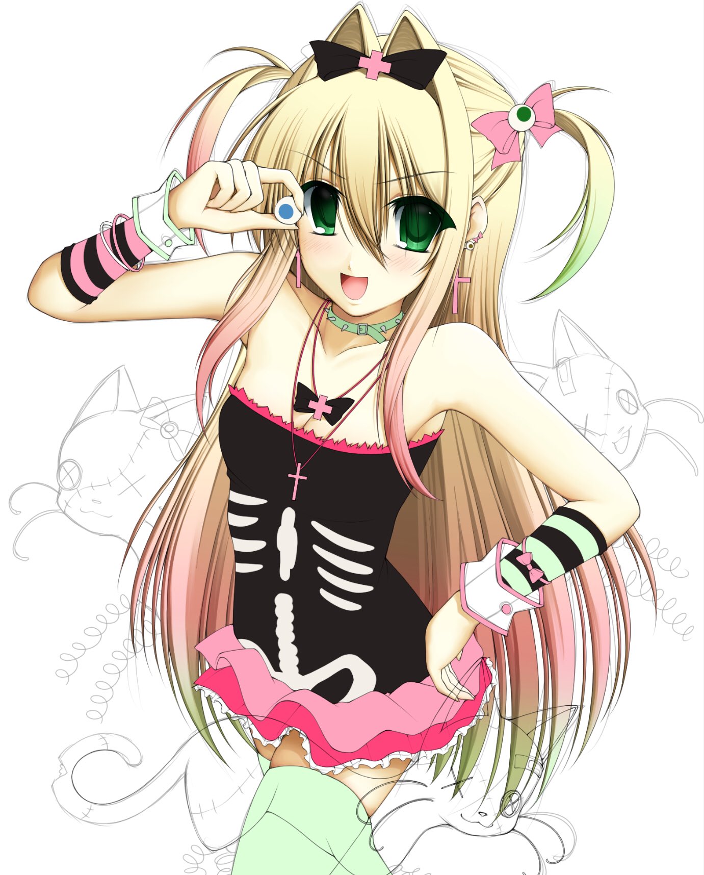 ponymoe, highres, 1girl, 2000s (style), annika (salvika), blonde hair, bow, bow necklace, breasts, cat, choker, cleavage, collar, cross, cross earrings, cross necklace, dress, earrings, eyeball, faux retro artstyle, frills, green eyes, gurokawa, hair bow, hair ears, hair intakes, jewelry, long hair, multicolored hair, necklace, open mouth, salvika, short twintails, skeleton print, smile, solo, spiked choker, spiked collar, spikes, twintails, white background