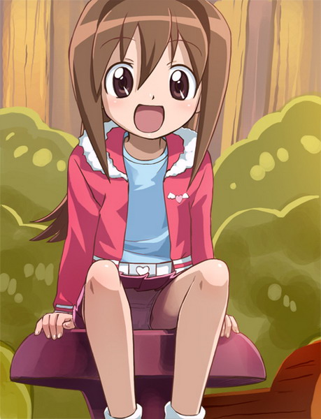 haruyama kazunori, inuyama rumi, wan wan serepu soreyuke! tetsunoshin, 00s, 1girl, :d, belt, blush, brown eyes, brown hair, bush, female focus, flat chest, fur trim, hair between eyes, heart, jacket, loli, long hair, miniskirt, nature, open clothes, open jacket, open mouth, outdoors, panties, pantyshot, pleated skirt, shirt, sitting, skirt, smile, socks, solo, tree, underwear, upskirt
