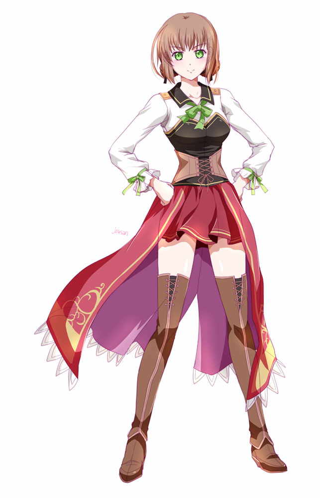 xiacheng tatsuya, duvalie, eiyuu densetsu, sen no kiseki, sen no kiseki (series), sen no kiseki iv, 1girl, bob cut, boots, bow, bowtie, breasts, brown hair, full body, green bow, green bowtie, green eyes, hair between eyes, hair bun, hands on own hips, long sleeves, looking at viewer, medium breasts, short hair, skirt, smile, solo, standing, tachi-e, thigh boots, tied sleeves