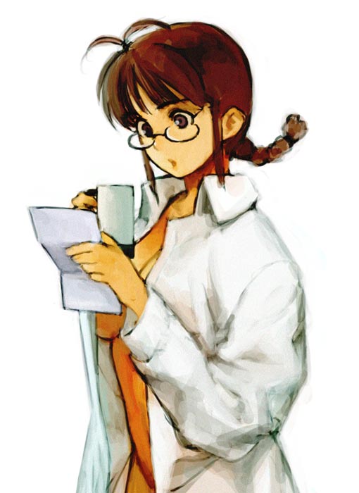 akizuki ritsuko, idolmaster, idolmaster (classic), idolmaster 1, non-web source, 00s, 1girl, antenna hair, braid, breasts, brown eyes, brown hair, cleavage, covering privates, cup, female focus, glasses, lab coat, large breasts, mug, naked lab coat, nude, nude cover, reading, short hair, solo, twin braids, underboob
