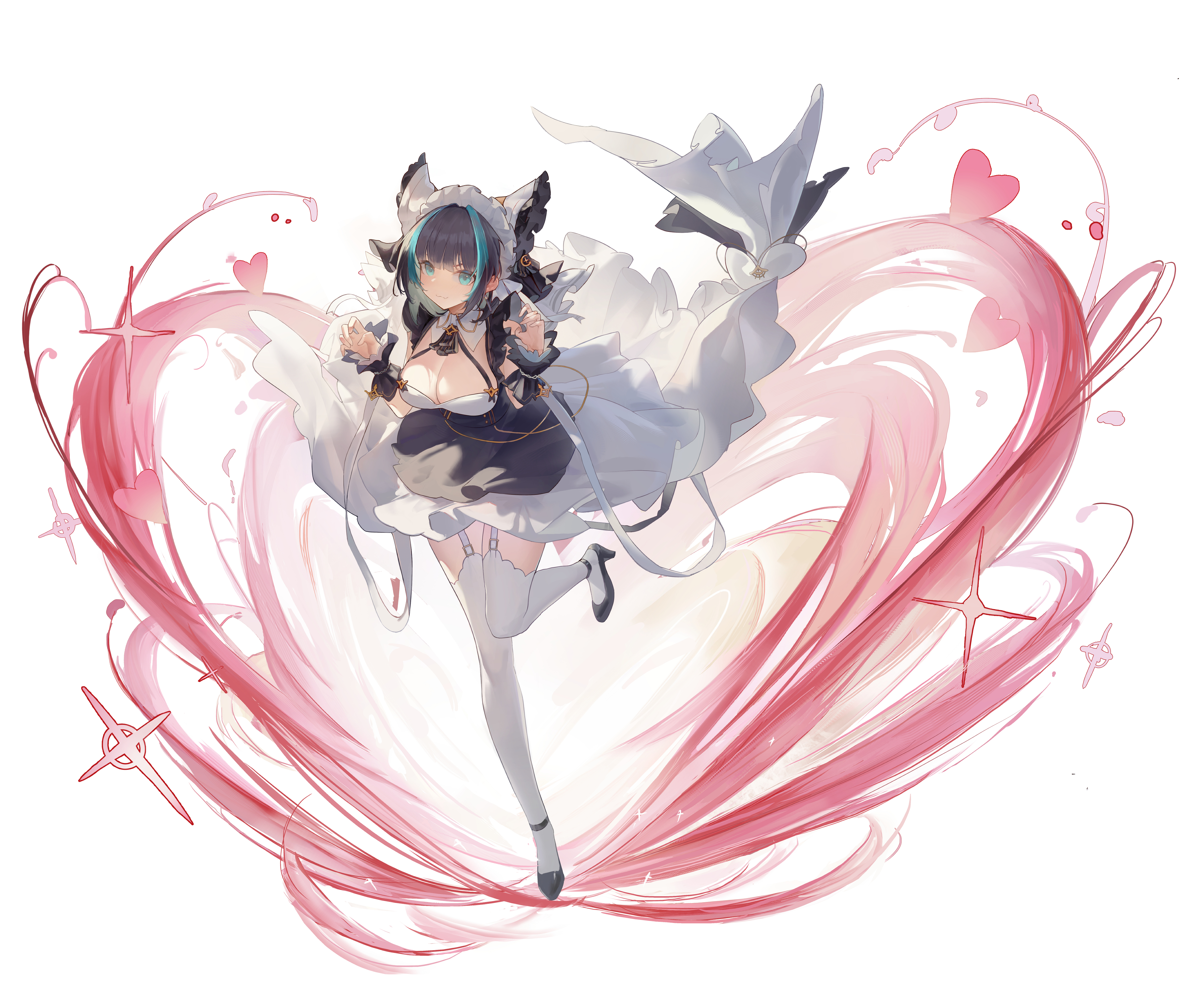 yiqi, cheshire (azur lane), azur lane, absurdres, highres, 1girl, :3, animal ears, aura, blue eyes, breasts, cleavage, collar, fake animal ears, full body, garter straps, grey hair, heart, high heels, large breasts, maid headdress, multicolored hair, short hair, simple background, solo, standing, standing on one leg, streaked hair, thighhighs, white background, zettai ryouiki