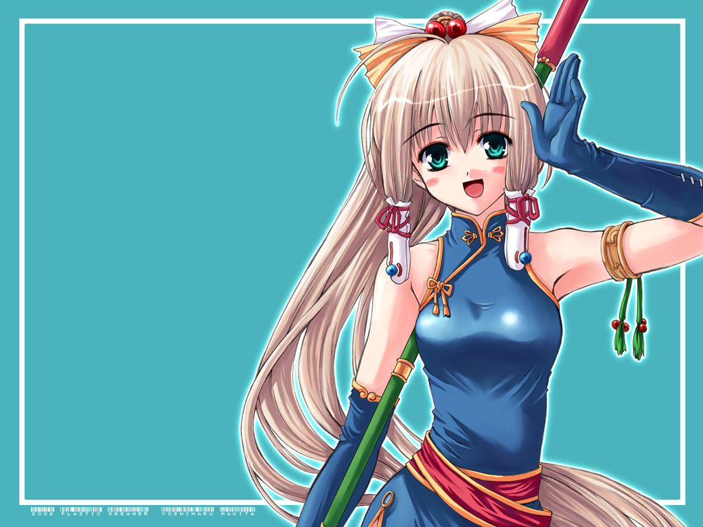 makita yoshiharu, ahoge, china dress, chinese clothes, dress, elbow gloves, gloves, solo, staff