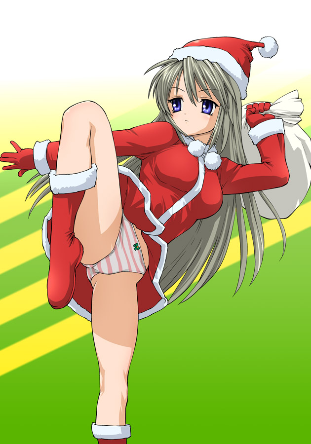 ueyama michirou, sakagami tomoyo, clannad, 00s, 1girl, bag, blue eyes, boots, christmas, dress, gloves, grey hair, hat, high kick, kicking, panties, pantyshot, red gloves, sack, santa costume, santa hat, striped clothes, striped panties, underwear