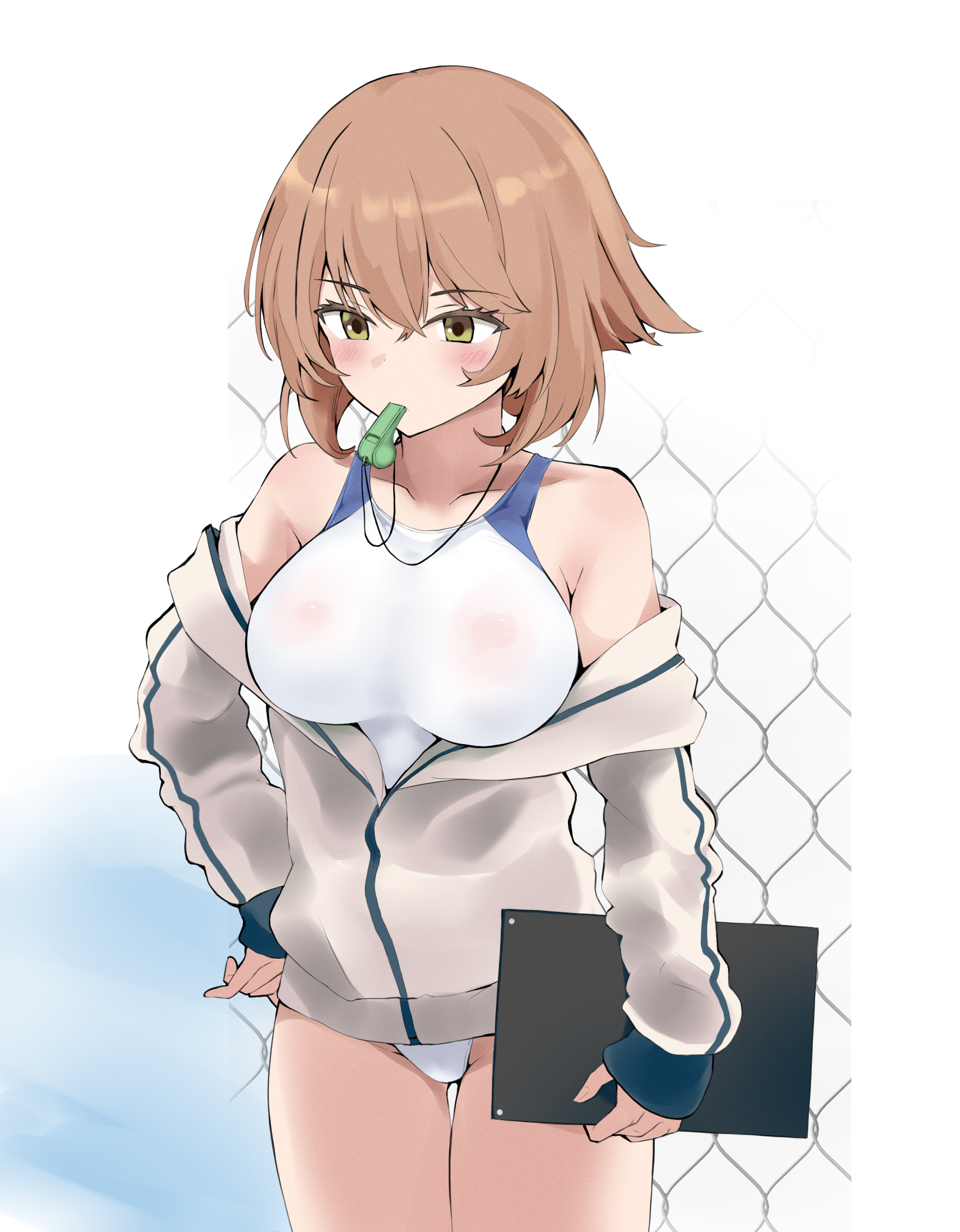 mutsu (kancolle), kantai collection, highres, 1girl, blowing whistle, blush, breasts, brown hair, chain-link fence, clipboard, competition swimsuit, covered navel, cowboy shot, fence, green eyes, headgear, highleg, highleg one-piece swimsuit, jacket, large breasts, long sleeves, looking at viewer, one-piece swimsuit, short hair, solo, swimsuit, two-tone swimsuit, user dyss5858, white jacket, white one-piece swimsuit