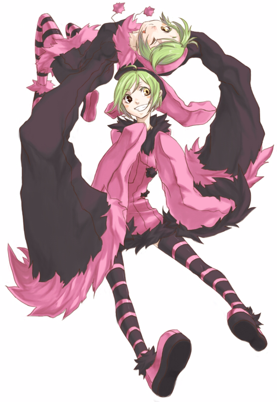 ryu-, ryu (gojitann), luki, noki, dogs: bullets & carnage, striped legwear, green hair, hat, heterochromia, long sleeves, pantyhose, short hair, striped clothes, striped pantyhose, thighhighs