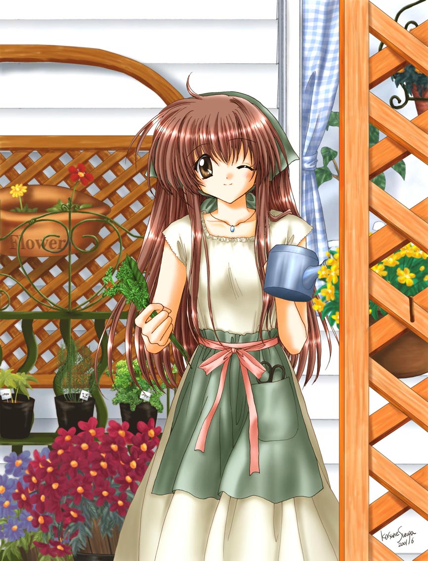 tagme, apron, dated, flower, jewelry, necklace, one eye closed, watering can, wink