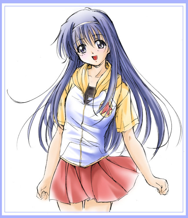 blue eyes, blue hair, casual, hairband, headband, long hair, open mouth, skirt, smile, solo, standing
