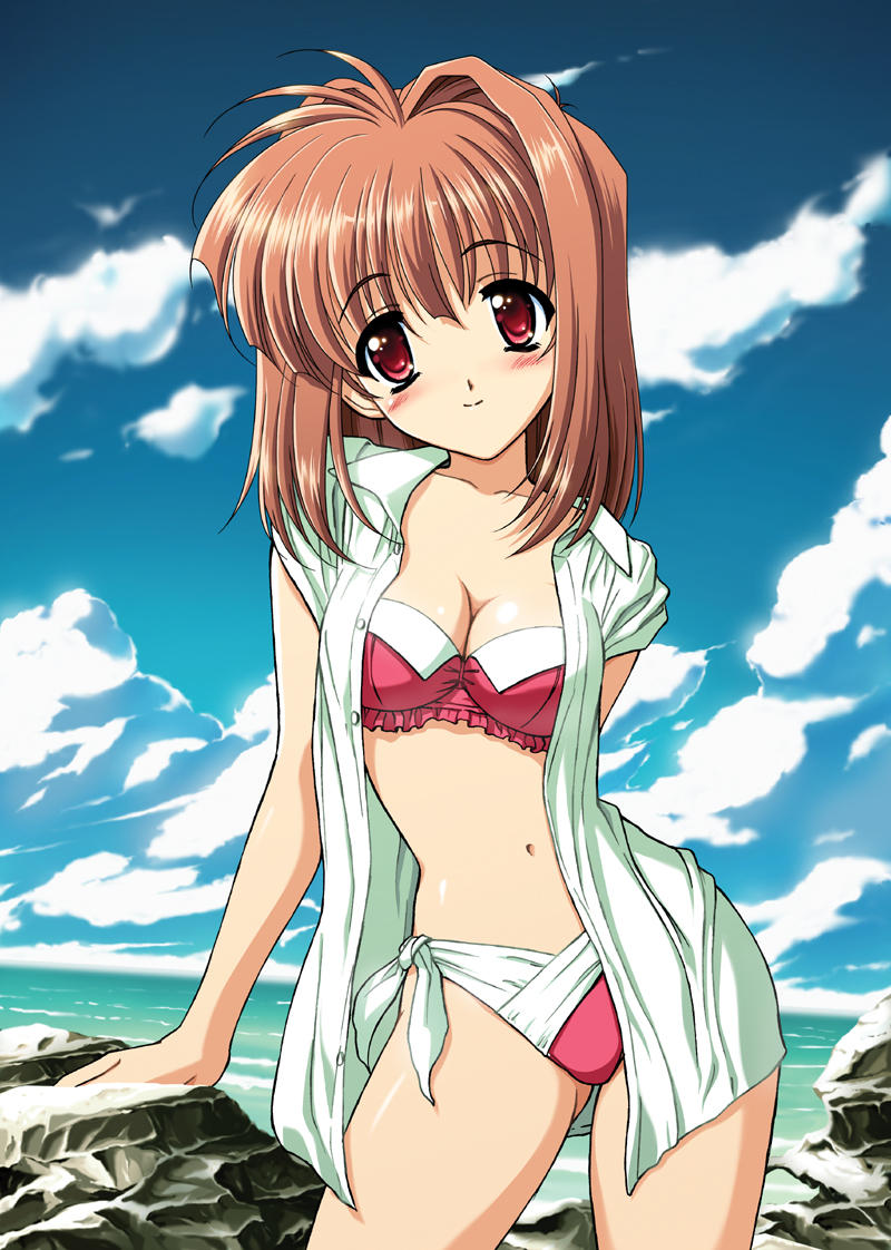 toma (asagayatei), kawai rie, lovers (game), 1girl, bikini, blush, cloud, day, female focus, ocean, outdoors, red bikini, red eyes, rock, sky, solo, swimsuit