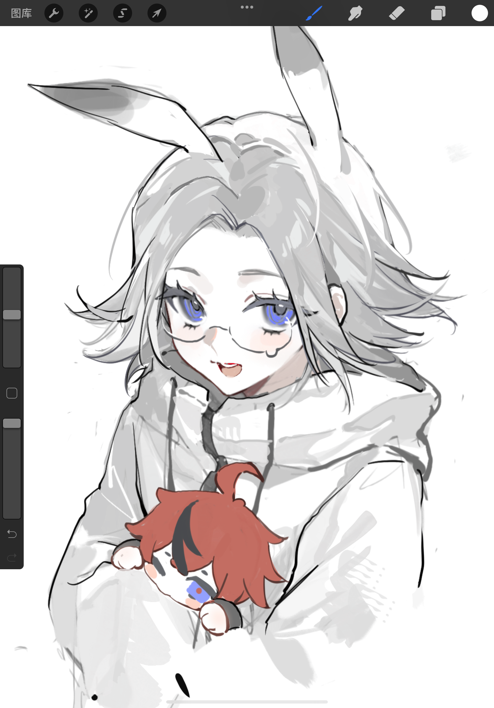 aotsuki eito, sumino takumi, the hundred line -last defense academy-, highres, 2boys, :d, animal ears, art program in frame, blue eyes, chibi, chunjinran000, grey hair, holding chibi, jacket, looking at viewer, male focus, medium hair, multiple boys, one eye closed, open mouth, rabbit boy, rabbit ears, red hair, smile, teardrop-framed glasses, white jacket