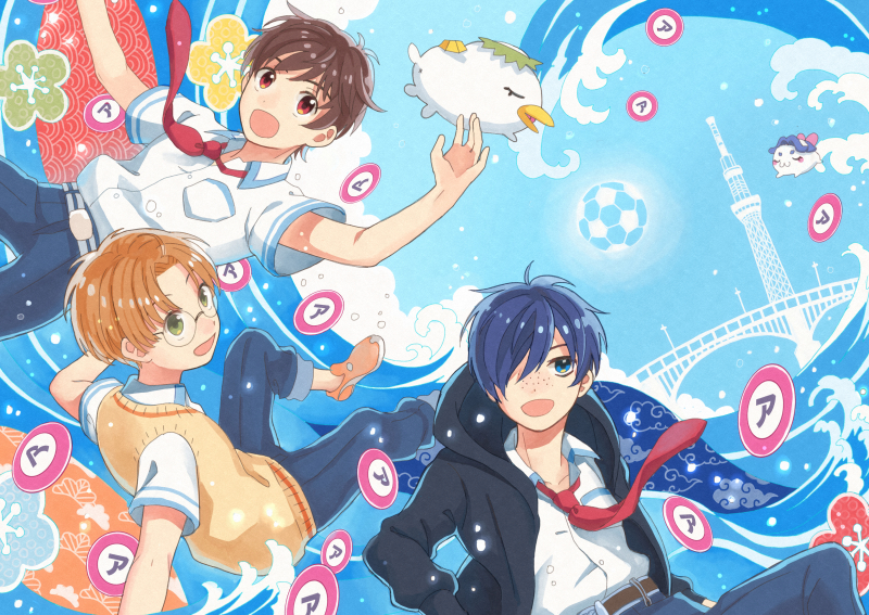mitsuyo (mituyo324), azuma sara, jinnai enta, keppi, kuji toi, yasaka kazuki, sarazanmai, commentary request, translation request, 3boys, ball, black jacket, blue eyes, blue hair, bridge, brown hair, brown sweater vest, freckles, green eyes, hair over one eye, jacket, kappa, male focus, multiple boys, necktie, open mouth, orange shoes, red eyes, red necktie, round eyewear, shirt, shoes, short hair, soccer ball, sweater vest, tower, waves, white shirt, x anus