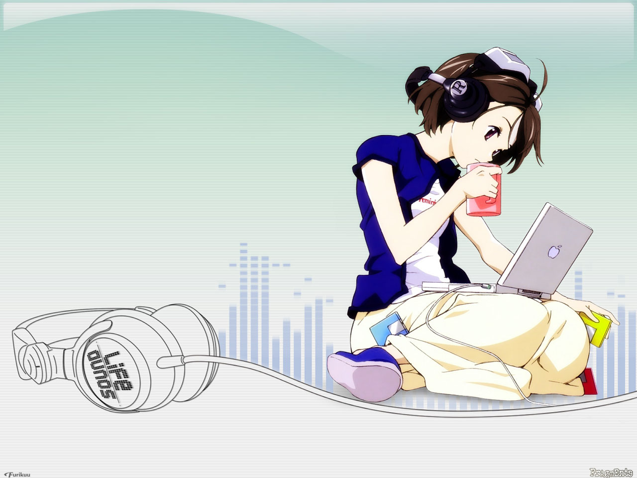 rinrin (sister princess), apple inc., sister princess, 00s, 1girl, blue shoes, brown eyes, brown hair, computer, cup, disk, drinking, female focus, floppy disk, goggles, headphones, laptop, mug, shoes, short hair, sitting, solo