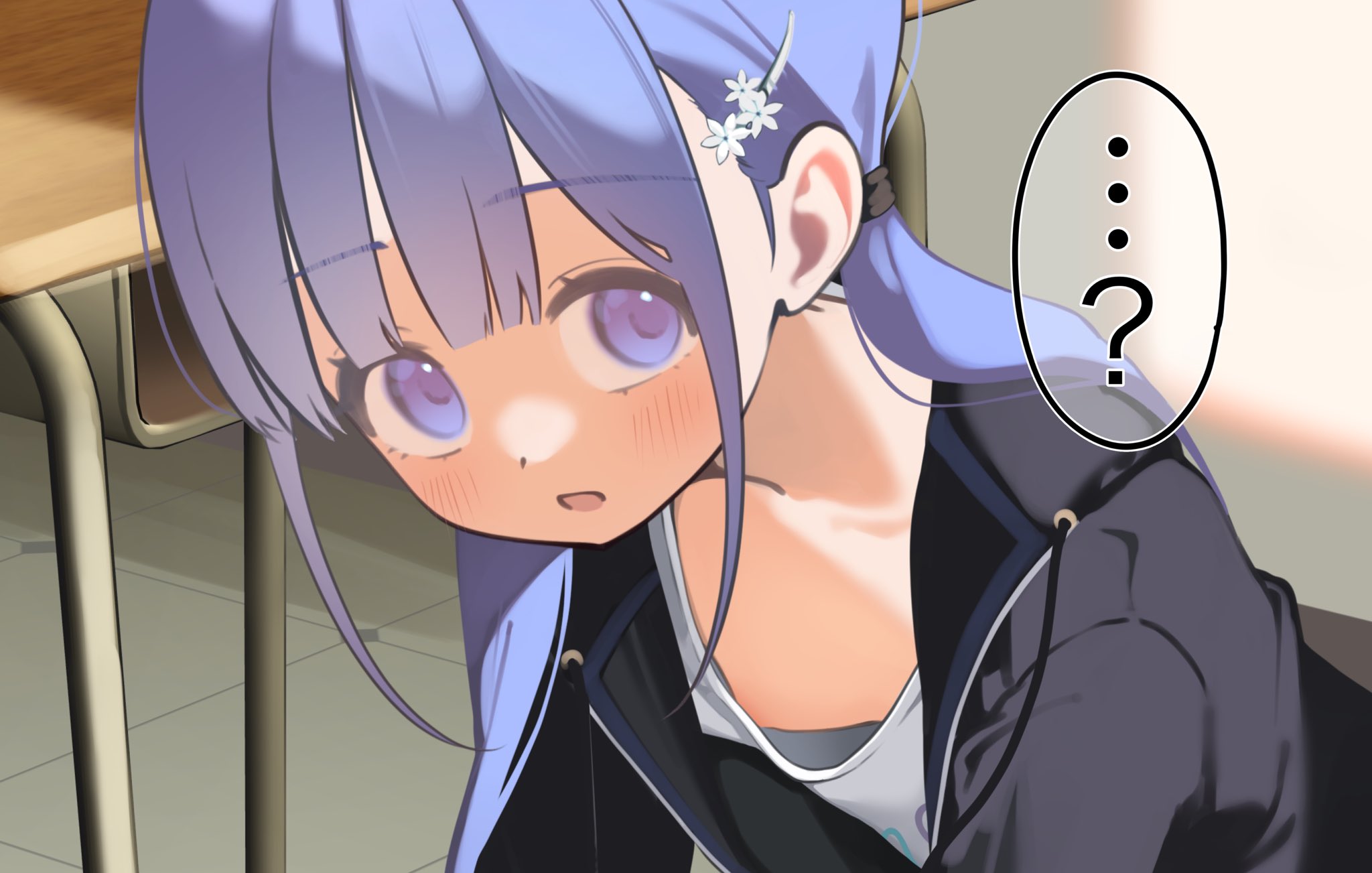 pei iriya, hayakawa sena (pei iriya), original, highres, 1girl, ?, areola slip, black jacket, blush, downblouse, hair ornament, jacket, long hair, long sleeves, looking at viewer, open mouth, purple eyes, purple hair, shirt, solo, twintails, white shirt