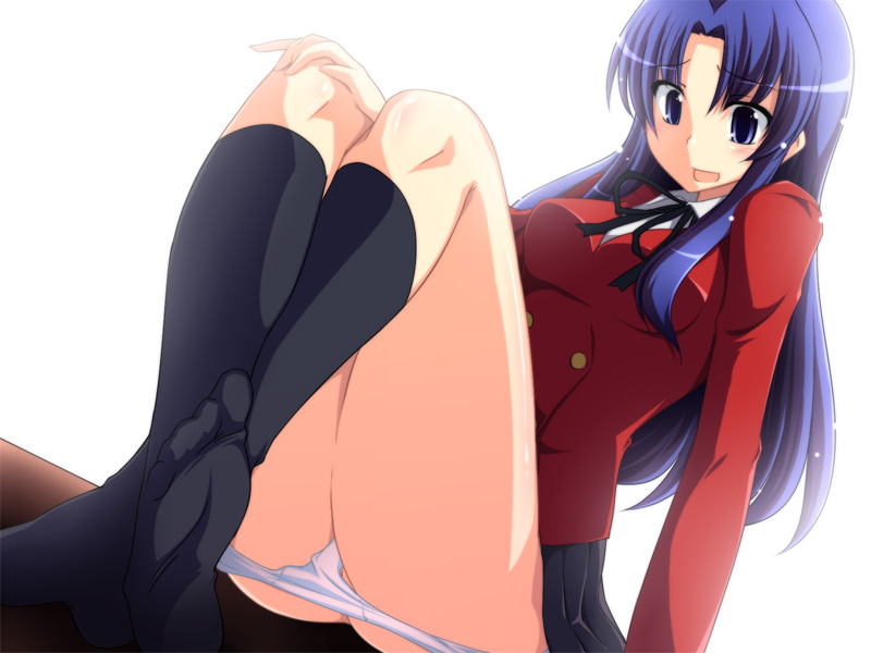 nagami yuu, kawashima ami, toradora!, 00s, 1girl, blue eyes, blue hair, blush, breasts, feet, female focus, kneehighs, long hair, medium breasts, panties, panty pull, school uniform, sitting, socks, solo, underwear, white panties