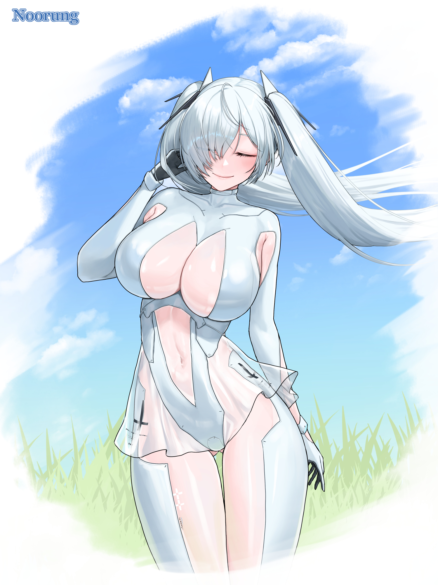 noorung, cinderella (nikke), goddess of victory: nikke, highres, 1girl, armpit cutout, blush, bodysuit, breasts, cleavage, closed eyes, closed mouth, clothing cutout, eyewear hang, gloves, hair over one eye, large breasts, leg cutout, long hair, navel, navel cutout, one eye covered, see-through bodysuit, see-through clothes, see-through skirt, skirt, smile, solo, stomach cutout, twintails, unworn eyewear, very long hair, white bodysuit, white hair