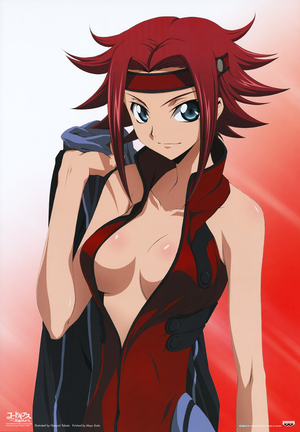 saito mayu, tabata hisayuki, kouzuki kallen, code geass, uniform, highres, 00s, blouse, breasts, cleavage, open clothes, open shirt, shirt, solo