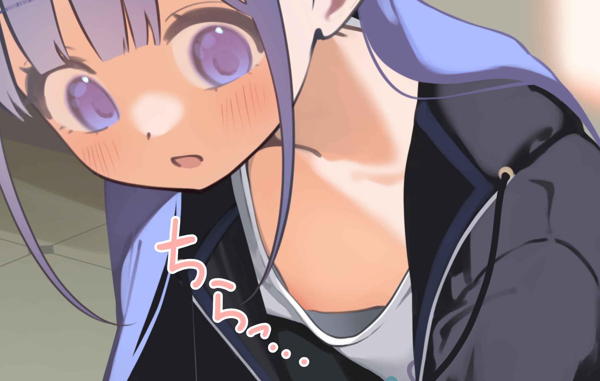 pei iriya, hayakawa sena (pei iriya), original, highres, 1girl, areola slip, black jacket, downblouse, jacket, long hair, long sleeves, open mouth, purple eyes, purple hair, shirt, solo, twintails, white shirt