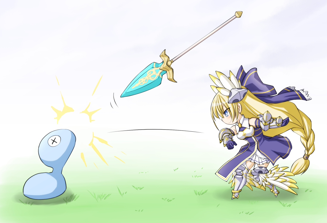 kasuga yukihito, valkyrie (eco), emil chronicle online, 1girl, arm guards, armored boots, blonde hair, blue eyes, blue gloves, blue jacket, boots, braid, chibi, creature, from side, gloves, hair ornament, hair ribbon, jacket, long hair, pleated skirt, polearm, ribbon, skirt, sleeveless, sleeveless jacket, slime (creature), spear, throwing, weapon, white skirt